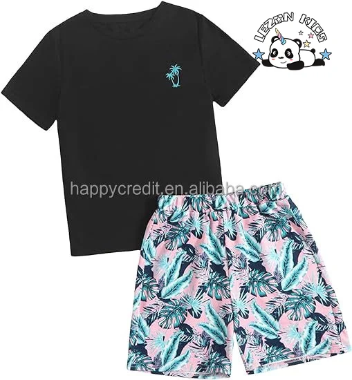 LEZONKIDS - Customized Color Hot Sale Summer Tropical Print Short Sleeve T Shirt and Shorts Boys Casual Set